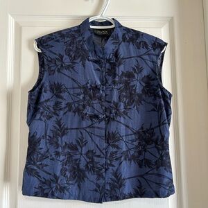 Linen/Silk Blue and Black Floral Top